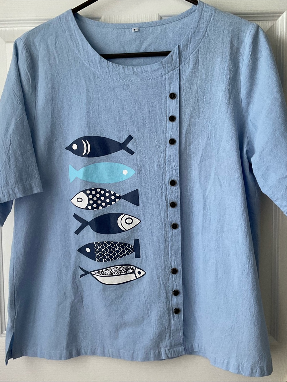 Nautical  Coastal Fish Cotton Blue Top Size Large